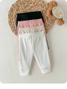SHEIN 4条装新生女婴纯色针织弹力腰裤，适合秋冬季穿着 - 彩色 - 查看 3