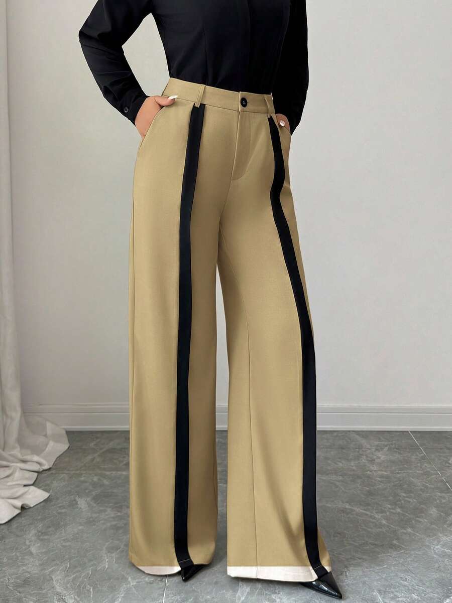 SHEIN Tall 女士休闲阔腿裤，带口袋和拉链，优雅商务通勤裤，卡其色搭配黑色，适合秋冬季、约会、上学、工作等场合。 - 駝色 - 查看 1
