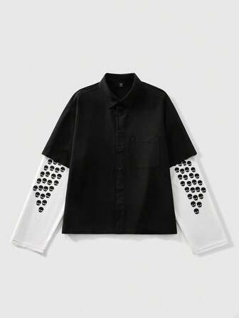 Street Life Polo à manches longues pour hommes avec imprimé crâne en patchwork bicolore