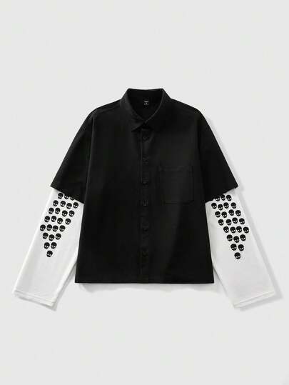 Street Life Polo à manches longues pour hommes avec imprimé crâne en patchwork bicolore