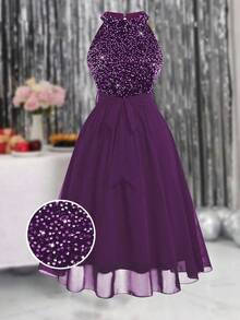 DreamSkyne Plus Size Women Sleeveless Patchwork Sequin Embellished Elegant Dress Maxi Women Outfit - Purple - View 3