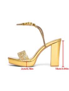 CUCCOO SZL Women's Fashion Gold Rhinestone Chunky Heel Platform High Heel Sandals, Suitable For Dates, Gatherings, Parties, Weddings And Other Occasions Prom Heels Summer Shoes - Gold - View 9