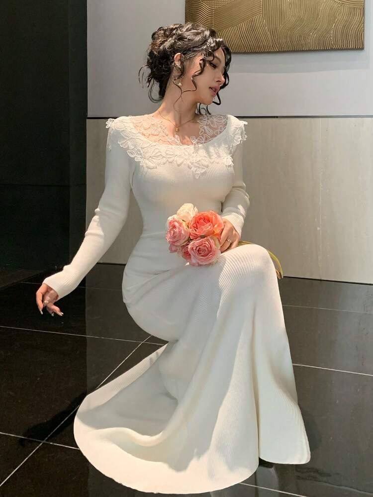 Lace Patchwork Elegant Fitted Midi Sweater Dress, Suitable For New Year, Christmas, Wedding, Party, Fashion Events