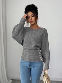 Elenzga Women's New Autumn/Winter Single-Piece Design Batwing Sleeve High-End Buttoned Minimalist Everyday Knit Long Sleeve Top - Dark Grey - View 3