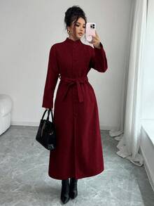 SHEIN Elenzya 女士加厚面料立领插肩袖腰部抽绳设计优雅教师/学生外套，生日礼物、约会、派对、独立日、网络星期一、万圣节、双十一、返校派对 - 紅色 - 查看 5