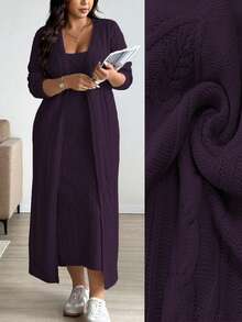 Calvaya 秋冬加厚粗针织长款开衫套装女士加大码，休闲时尚无袖毛衣裙搭配长袖外套，适合外出、度假、聚会 - 紫色 - 查看 1