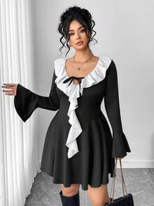 Elenzga Plus Size Women's Fitted Flare Sleeve Mini Black & White Dress, Fashionable Tie-Waist V-Neck Patchwork White Ruffle Hem Elegant A-Line Dress - Black and White - View 9