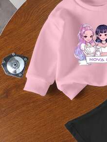 2件組少女淺粉色圓領衛衣與黑色喇叭褲，可愛卡通女孩印花，返校季秋季校園休閒套裝 - 粉色 - 查看 5