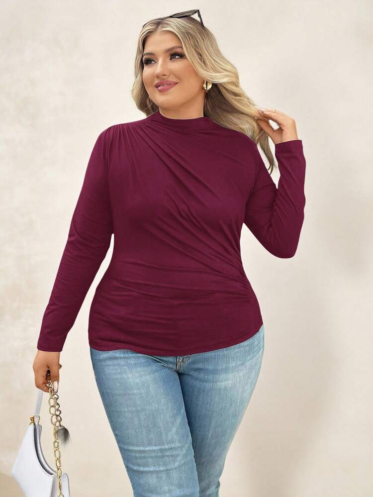 SHEIN Clasi Women's Casual Solid Color Slim Fit Long Sleeve Plus Size T-Shirt - Burgundy - View 6