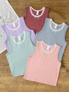 SHEIN 5 Stücke/Set Mädchen weiße Einfarbige elegante, süße Spitzenbesatz bequeme modische Unterhemd Camisoles