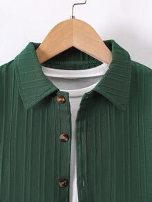 SHEIN 男童夏季休闲纹理纽扣衬衫短裤两件套 - 墨綠色 - 查看 4