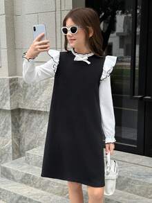 SHEIN 少女优雅蝴蝶结装饰撞色荷叶边下摆派对连衣裙，圣诞节及节日 - 黑與白 - 查看 4