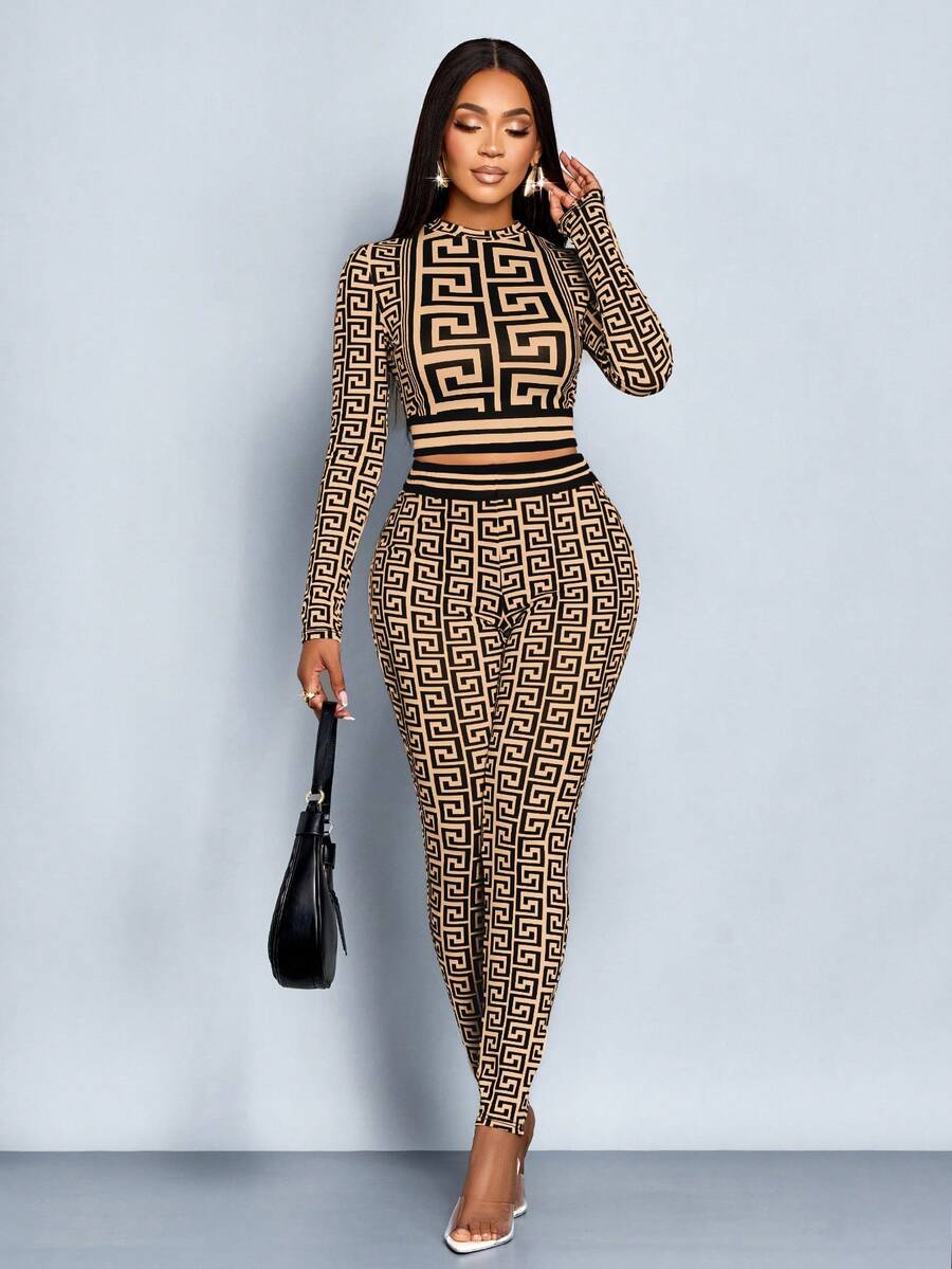 SOLERSUN Set de 2 bucăți pentru femei, toamnă/iarnă, design grafic cu imprimeu contrastant, culori lungi, top și pantaloni, set de Ziua Recunoștinței, ținute de iarnă pentru femei, haine de femei - imagine 5