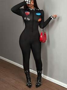 Slaydiva Motorcycle Crew Pattern Contrast Color Zipper Collar Long Sleeve Jumpsuit - A - Black - View 3