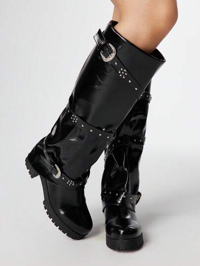 Women's Glossy Buckle Design Fashion Chunky Heel Knee-High Boots