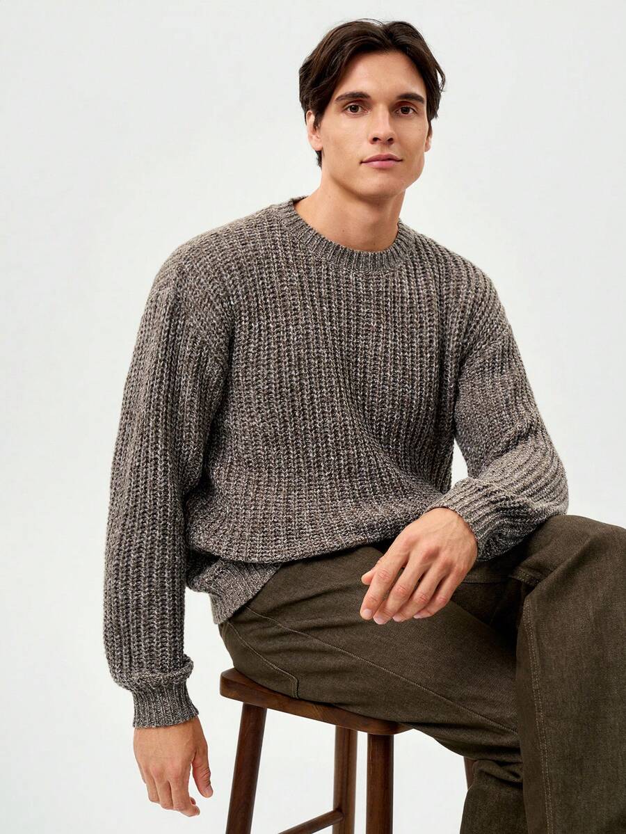 RONVEXI 男士纯色圆领长袖罗纹针织休闲套头毛衣，秋冬款 - 灰色 - 查看 1