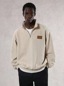 DAZY Textured Fabric Pullover Sweatshirt With Half-Zip Design For Men, Beige, Autumn - Light Khaki - View 1