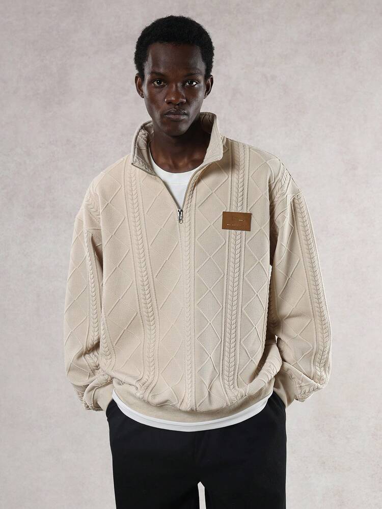 Textured Fabric Pullover Sweatshirt With Half-Zip Design For Men, Beige, Autumn