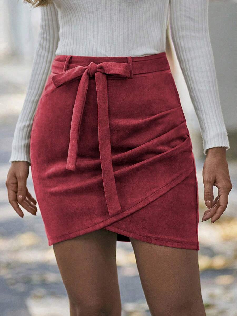 SHEIN LUNE Rok Bodycon Lilit Warna Polos, Kasual & untuk Beraktivitas, Musim Gugur/Dingin - Hot Pink - View 1
