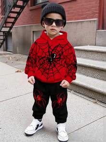 SHEIN 2 件套年轻男孩休闲时尚勇敢酷蜘蛛网印花宽松连帽运动衫套装，适合秋冬季 - 彩色 - 查看 1
