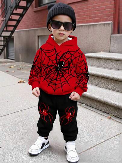 SHEIN 2 st/set Young Boys Casual Snyggt Modigt Coolt Spindelnätsmönster Lös Passform Hoodie Sweatshirt Set, Lämplig För Höst/Vinter