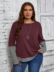 EMERY ROSE 大码女式纯色条纹拼接圆领宽松休闲长袖T恤，秋季女装 - 酒紅色 - 查看 4