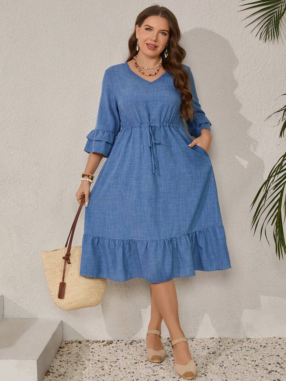 Plus Size Elegant Dark Blue Autumn Dress For Women,Solid Color Ruffle Hem Drawstring Waist Casual Everyday Outfit,Comfortable Breathable Date Night