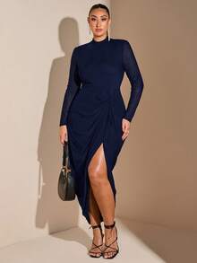 SHEIN BAE 大码女士优雅性感生日派对黑色网纱高领长袖垂褶高开衩修身长裙圣诞节服装场合礼服舞会礼服 - 藏蓝色 - 查看 1