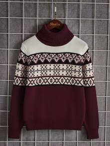 SHEIN Tween Boy Loose Casual Comfortable High Neck Retro Pattern Sweater