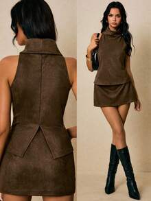 Poéselle 女士后开衩上衣，麂皮绒面料，高领，棕白配色，女士上衣，可爱波西米亚风上衣，女士高领宽松休闲纯色背心，秋季上衣，冬季上衣，女士秋季服装，女士冬季服装，女士秋季穿搭，女士冬季穿搭，圣诞节服装，商务休闲女士办公室服装 - 棕色 - 查看 1