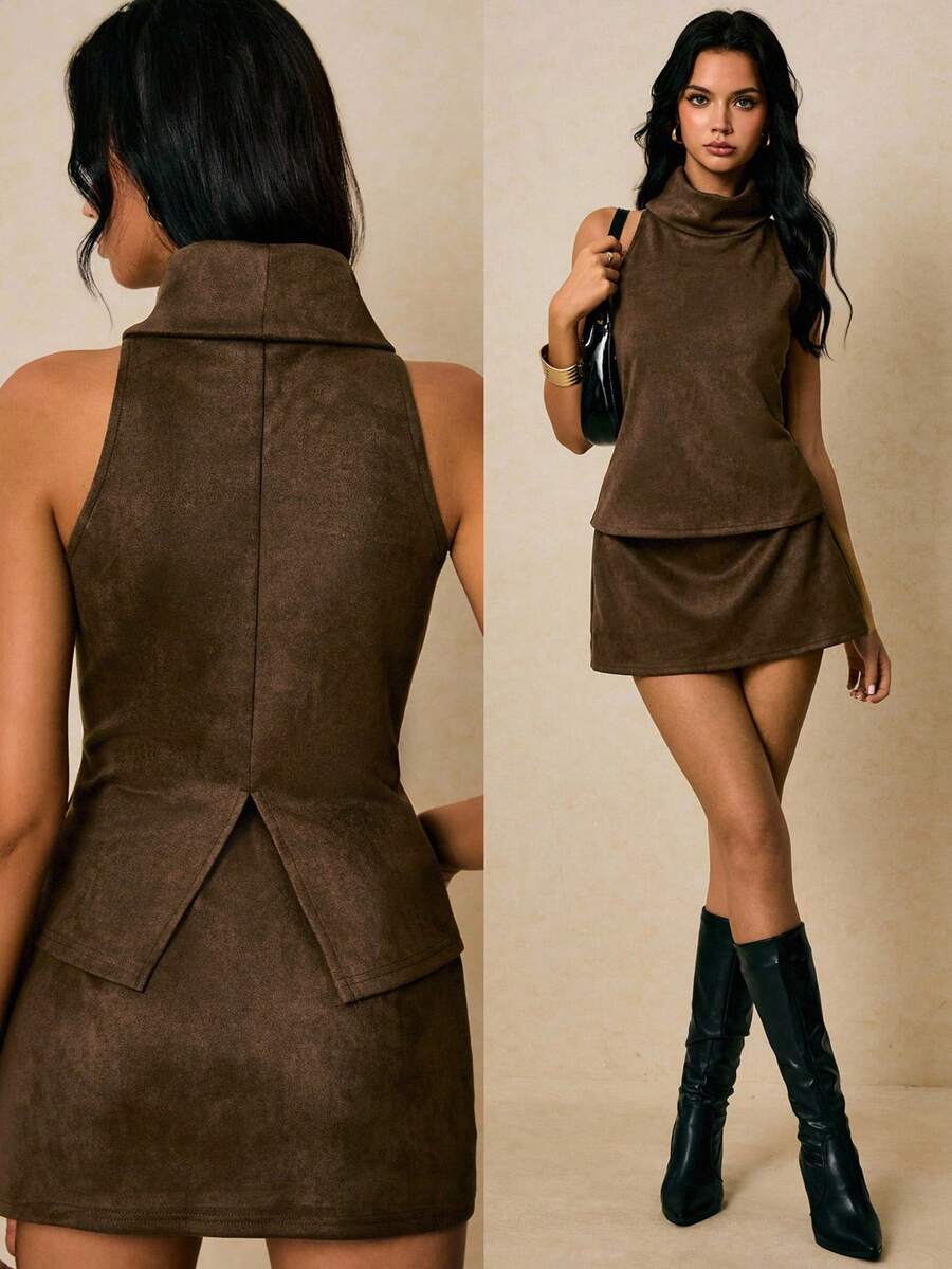 Poéselle 女士后开衩上衣，麂皮绒面料，高领，棕白配色，女士上衣，可爱波西米亚风上衣，女士高领宽松休闲纯色背心，秋季上衣，冬季上衣，女士秋季服装，女士冬季服装，女士秋季穿搭，女士冬季穿搭，圣诞节服装，商务休闲女士办公室服装 - 棕色 - 查看 1