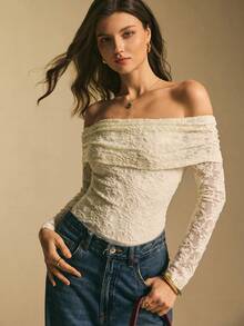 Poéselle Women's Floral Flocked Mesh Ruffle Off Shoulder Long Sleeve Bodysuit - White - View 7