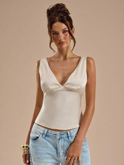 SHEIN BAE Linne i satin och spetsmönster, lämplig för semester, linne för strand, linne för musikfestival, brunch, bröllopsgäst, brudtärna, linne för vår/sommar