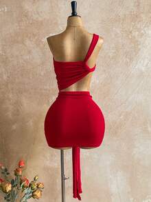 Soleia Váy mini buộc dây màu trơn gợi cảm thời trang dành cho nữ - Đỏ - Xem 2