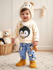 SHEIN 2 pièces Ensemble sweat-shirt à manches longues avec imprimé renne de Noël pour bébé garçon et pantalon en polaire à carreaux, automne - Bleu ciel - Voir 3