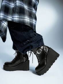 Sugerpunk Botas de tobillo casuales con diseño de hebilla y tacón de cuña para mujer - Negro - Ver 4