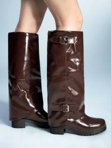 Sugerpunk Women's Buckle Design Fashion Everyday Versatile Knee-High Boots For Christmas - Brown - View 2