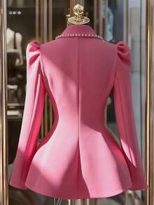 Franclia 大码女式优雅法式休闲长袖西装外套，秋冬款 - 玫紅色 - 查看 2