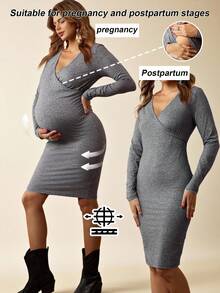 SHEIN Casual Grey V-Neck Long-Sleeved Midi-Length Maternity Dress,Autumn Maternity Wear,Nursing Postpartum Clothing,Bohemian Fitted Beach Maternity-Friendly - Grey - View 1