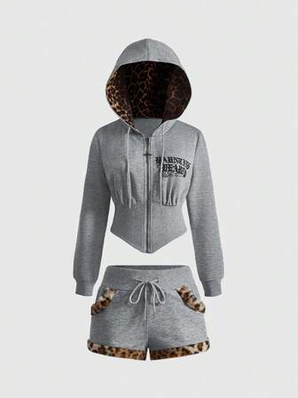 J-Fashion Y2K Chic Leopard Print Sweatshirt & Fuzzy Leopard Shorts Set, Autumn/Winter
