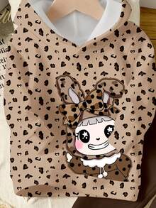 SHEIN Playful Pals 两件套少女时尚可爱卡通豹纹兔印花休闲保暖舒适套装，包括连帽卫衣和运动裤。 - 彩色 - 查看 5