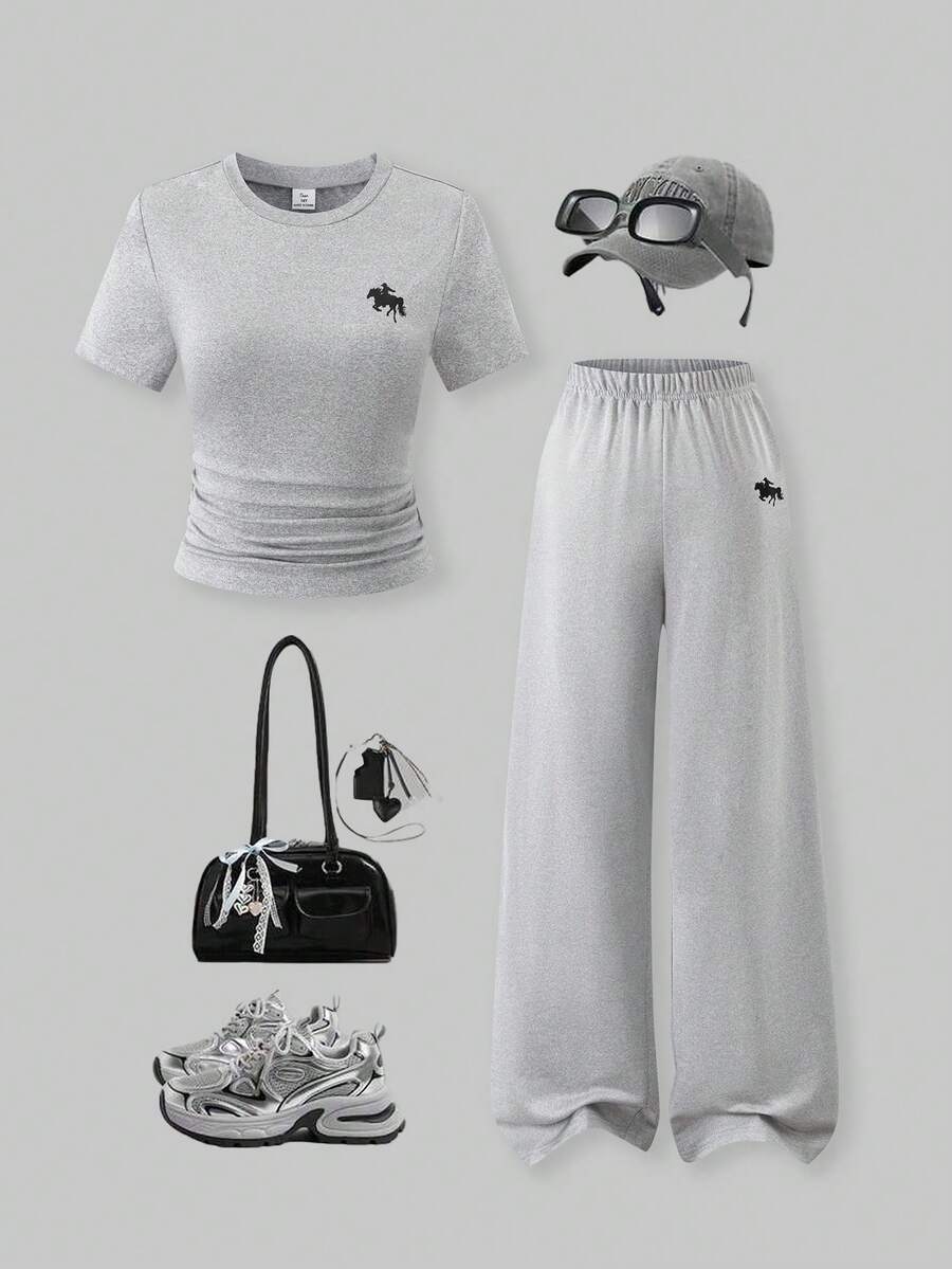 SHEIN ChillGRL 2件套少女条纹短款T恤和阔腿裤套装，休闲时尚装扮 - 灰色 - 查看 1