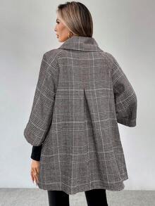 LanaWest Women's Grey Traceable Plaid Fabric High Collar Dropped Shoulder Metal Button Design Loose Hem 3/4 Sleeve Elegant Classy Thanksgiving Halloween Streetwear Casual Boho Autumn/Winter New Fashion Versatile Loose Woolen Jacket - Multicolor - View 2