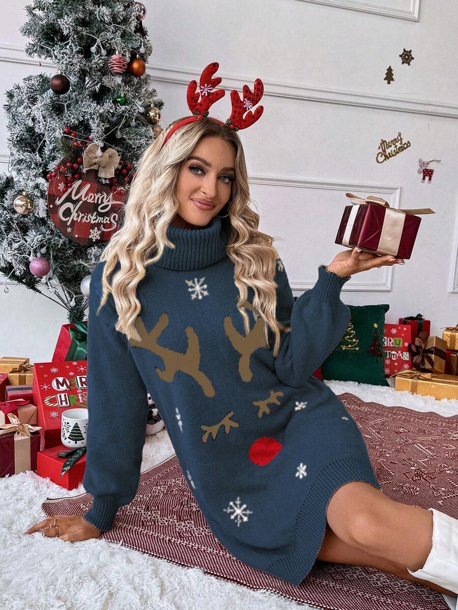 EMERY ROSE Oversized Casual Midi Sweater Dress With Funky Reindeer Pattern, Cozy Turtleneck And Lantern Sleeves, Fashionable And Age-Reducing, Suitable For European And American Christmas Atmosphere, Autumn/Winter