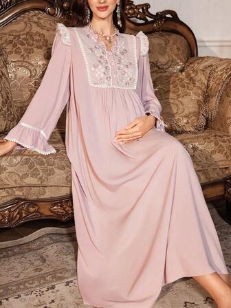 PalaceNights Vintage Palace Style Floral Embroidery V-Neck Long Sleeve Patchwork Maternity Nightgown, Winter