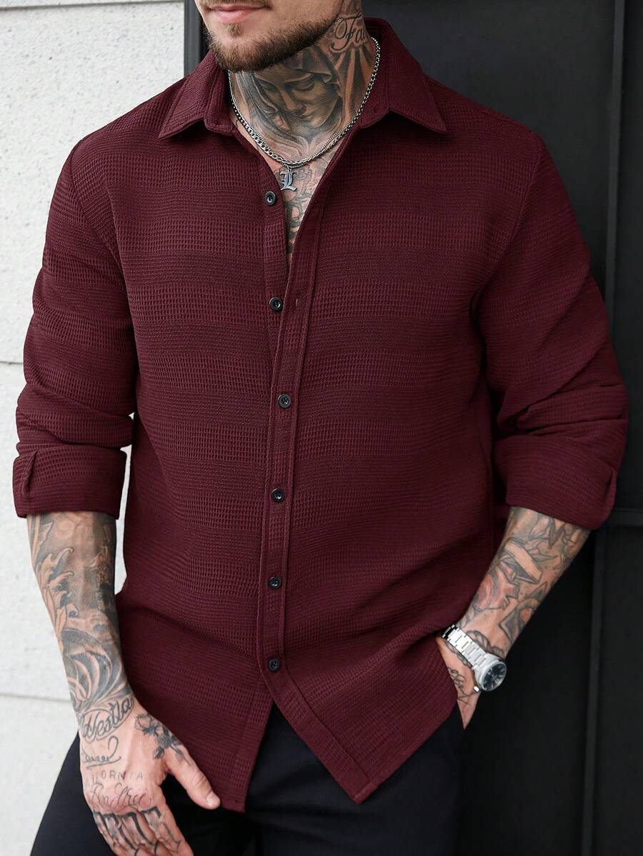 Manfinity CasualCool Áo thun nam tay dài tối giản màu trơn, mặc thường ngày - Màu Đỏ Sâu - Xem 1