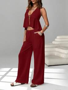 SHEIN EZwear Women's Chiffon Halter Backless 2 Pieces Vacation Casual Set Pant Suit Summer Sets Casual Two Piece Set Women Summer 2 Pieces Sets Women Two Piece Vacation Set Comfortable Two Piece Set 2 Piece Vacation Set Women - Burgundy - View 4