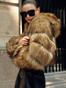 Anewsta Women's Elegant Ombre Leopard Print Faux Fur Hooded Short Jacket - Multicolor - View 9