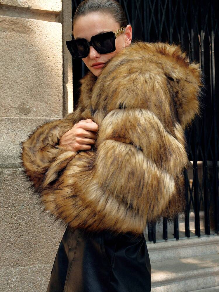 Women's Elegant Ombre Leopard Print Faux Fur Hooded Short Jacket