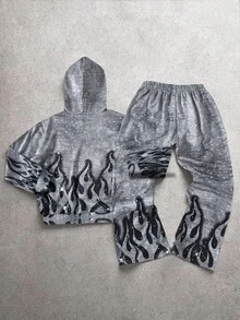 SHEIN 2件套青少年男童休闲日常舒适印花连帽卫衣和运动裤针织套装 - 彩色 - 查看 2